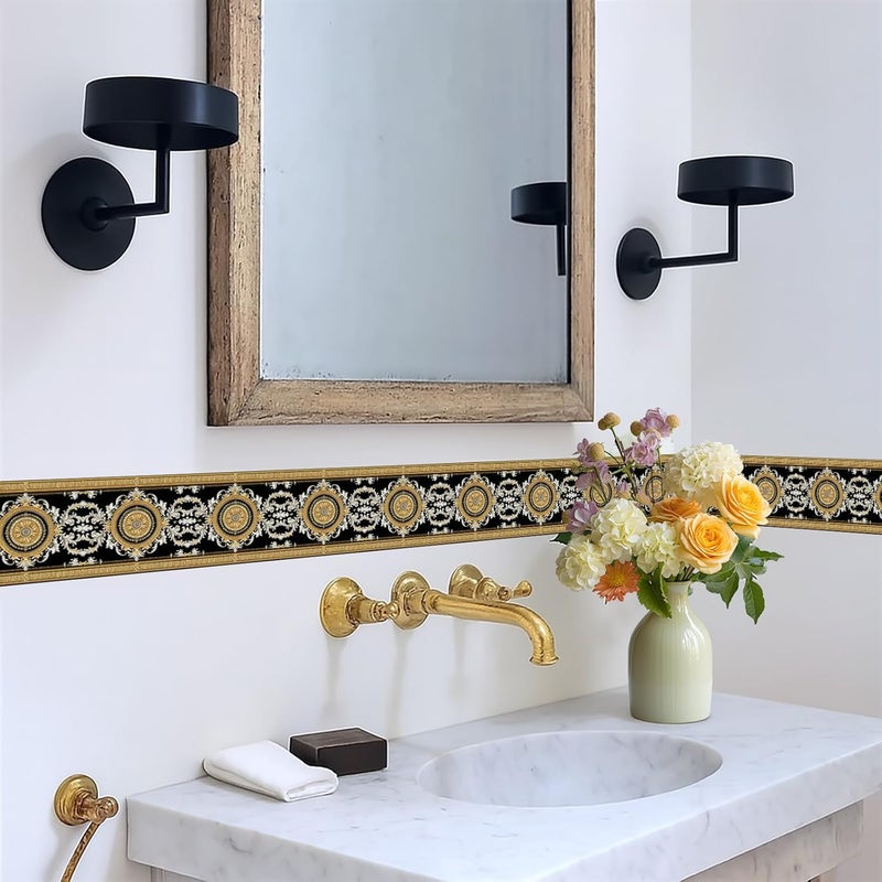 IOHEFY Black Gold Wallpaper Border 196x4 Inch Peel and Stick Wall Border Self Adhesive Luxury Pattern Removable Vinyl Trim for Living Room Bedroom Bathroom Kitchen Cabinet Decoration - Image 5
